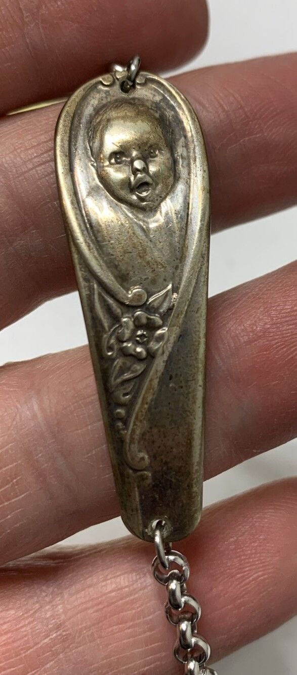 Vintage Gerber Baby Spoon Bracelet 8” Adjustable Diaper Pin Charm